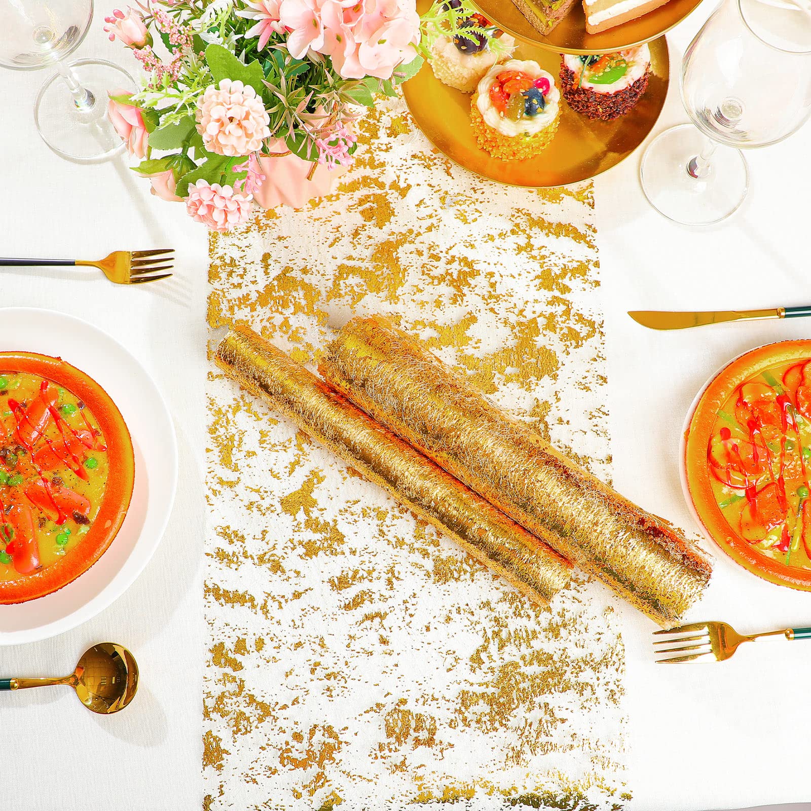 12 Stück Gold Tischläufer Metallic Dünn Mesh Tischläufer Rolle 11 x 84 Zoll Gold Tischdekorationen für Party Glitzer Tischläufer Rechteckig Dünne Tischdecken für Hochzeit Babyparty Geburtstag