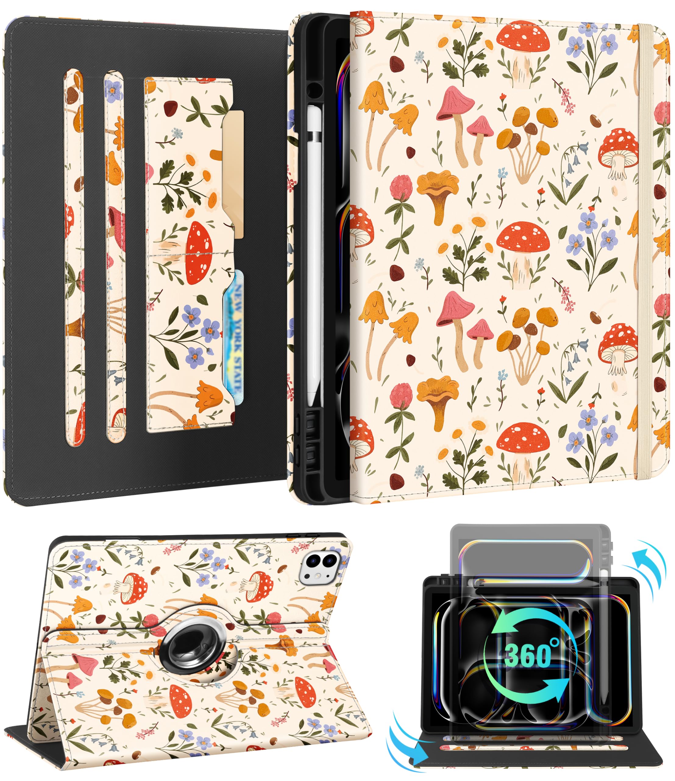 Kidcube for iPad Pro 13 Inch Case M4 2024 - Women Girls Kids Cute Rotating Stand Folio Cover with Pencil Holder & Card Slot Mushroom Flowers Design