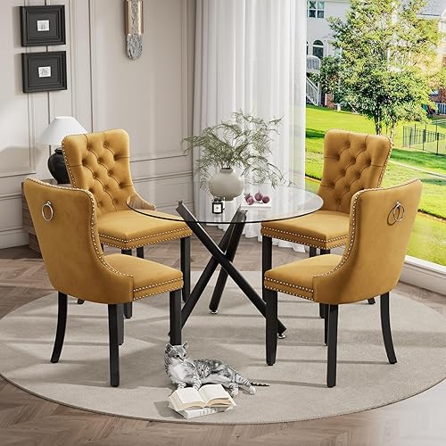 Miniatura 86 de Juego de mesa de comedor redonda dorada de 5 piezas, moderno juego de cocina circular de lujo para 4, 36 pulgadas, transparente, minimalista