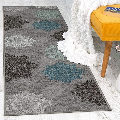 Antep Rugs Alfombras Modernas con diseño floral de 2 x 10 pies (antideslizante) de bajo perfil con parte trasera de goma para interiores (gris, 2