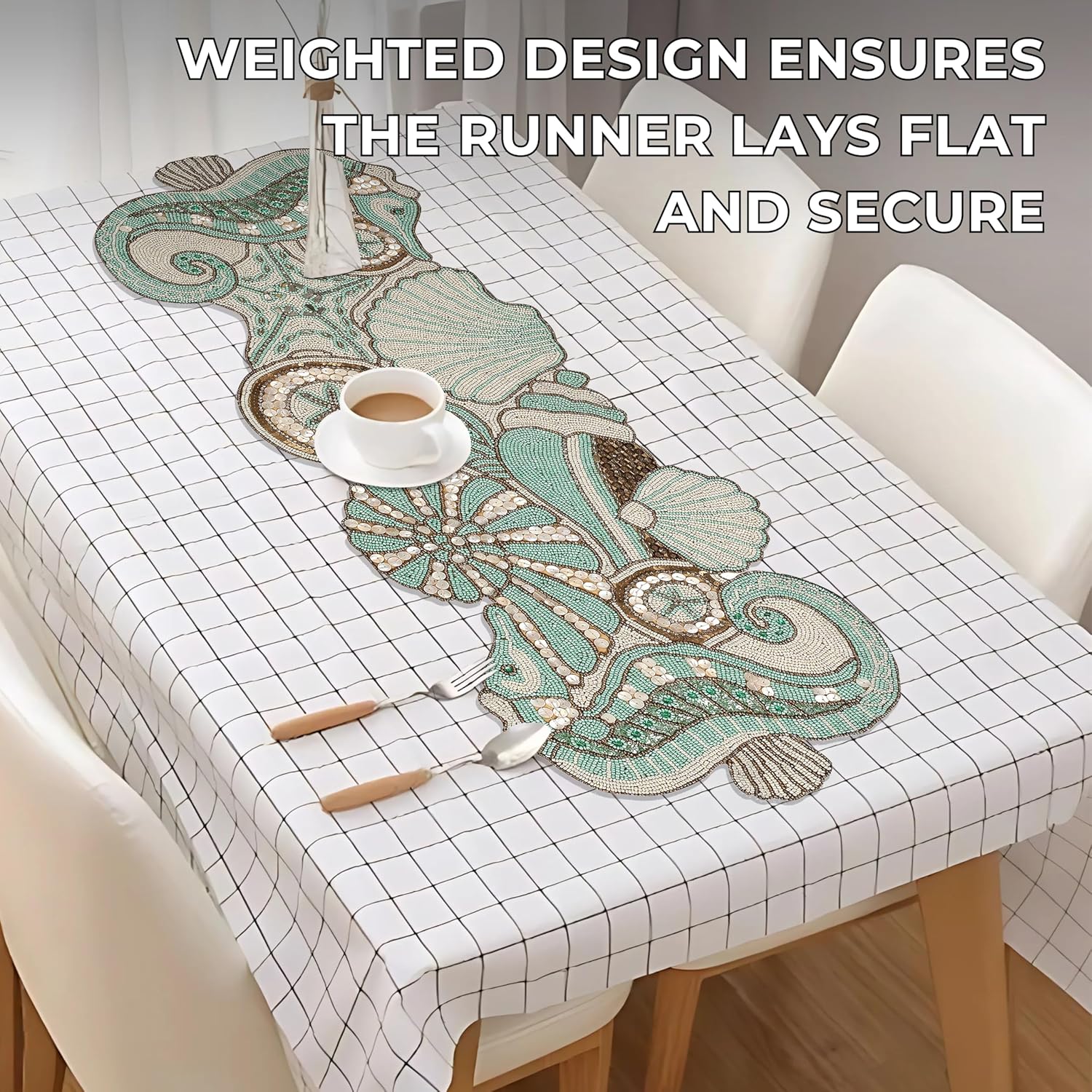 Beaded Runner 13" x 36" Coastal Sea Shell Premium Glass Beads & Polyester Ideal for Wedding Home Décor Christmas & Family Gathering (Multi) - ALPHA Living HOME