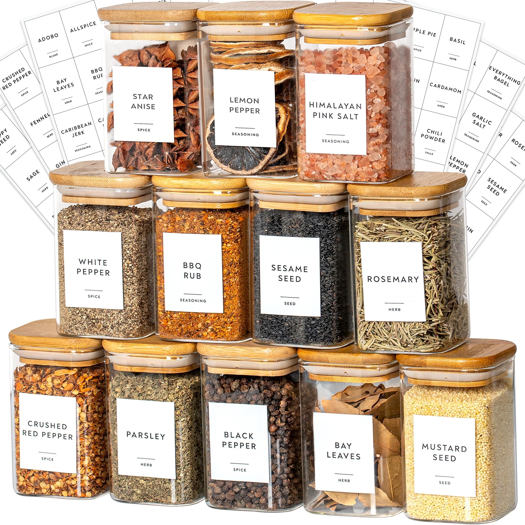 TIENER Laramaid 9oz 12Packs Glass Jars Set with Minimalist Spice Labels, Square Spice Jars with Bamboo Lids and White Vinyl Customized Sticker Labels, Food Storage Container Canisters