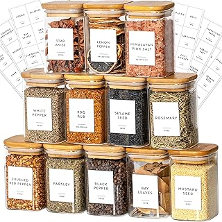 TIENER Laramaid Laramaid 9oz 12Packs Glass Jars Set with Minimalist Spice Labels, Square Spice Jars with Bamboo Lids and White Vinyl Customized Sticker Labels, Food Storage Container Canisters