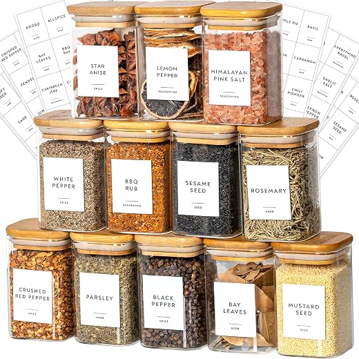 TIENER Laramaid 9oz 12Packs Glass Jars Set with Minimalist Spice Labels, Square Spice Jars with Bamboo Lids and White Viny...