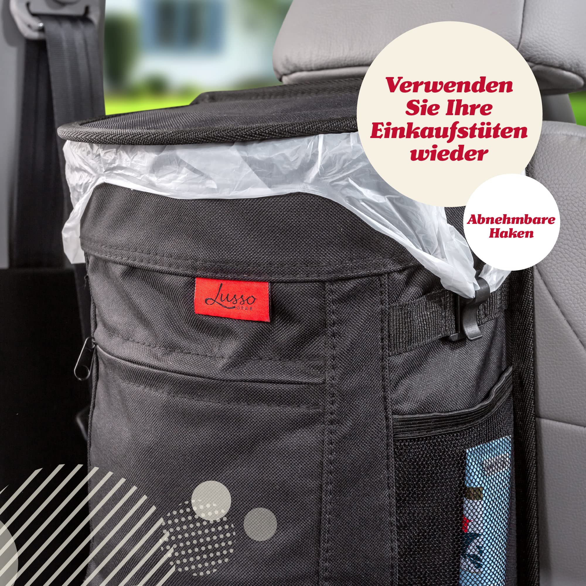 Lusso Gear Auslaufsicherer Automülleimer | 9,5 Liter Mülleimer Auto zum Aufhängen - Herausnehmbarer Innenbehälter - Aufbewahrungsfächer | Hält Auto LKW Minivan & SUV Sauber und Geruchsfrei (Schwarz)