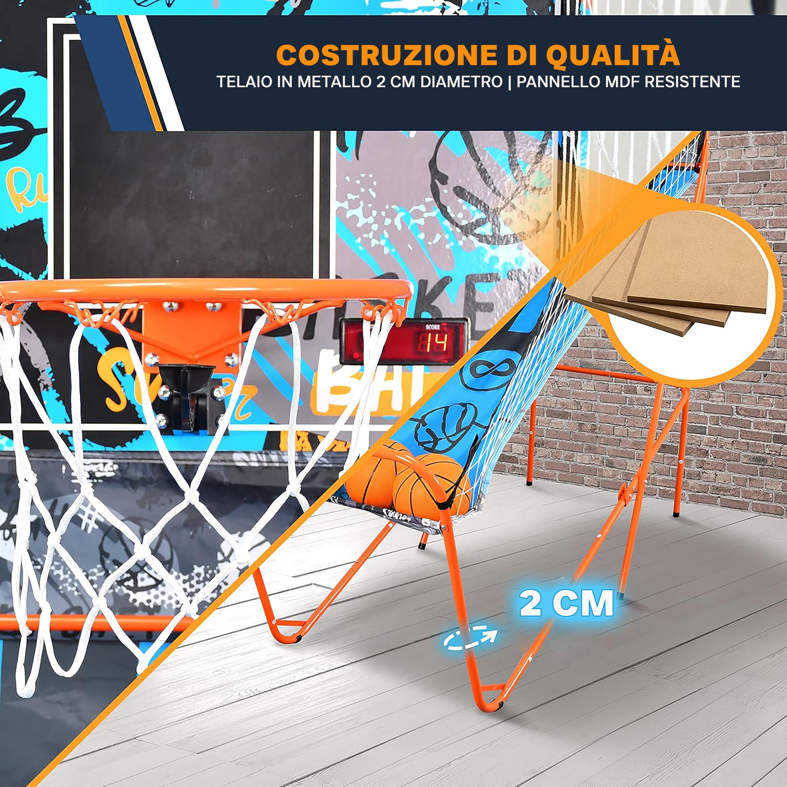 SereneLife Canestro Basket Esterno e Interno, Canestro da Basket Singolo Tiro con Opzione Audio, Grande Segnapunti LED, Blu