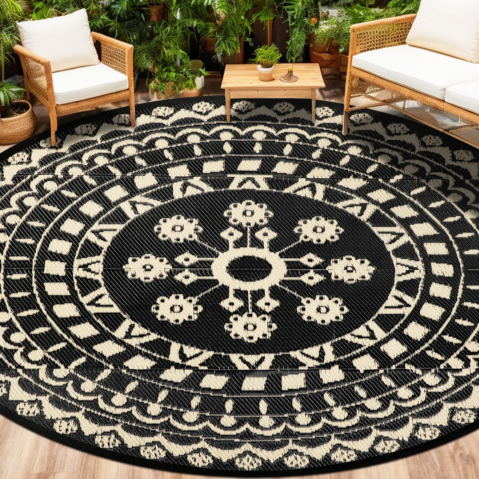 Capslpad Outdoor Teppich Rund 240 cm, Wetterfest Vorzeltteppich Camping Teppiche, Kunststoff Picknickdecke, Leichtgewicht Outdoorteppich für Balkon Picknick Camping Garten Terrasse Strand RV, Beige