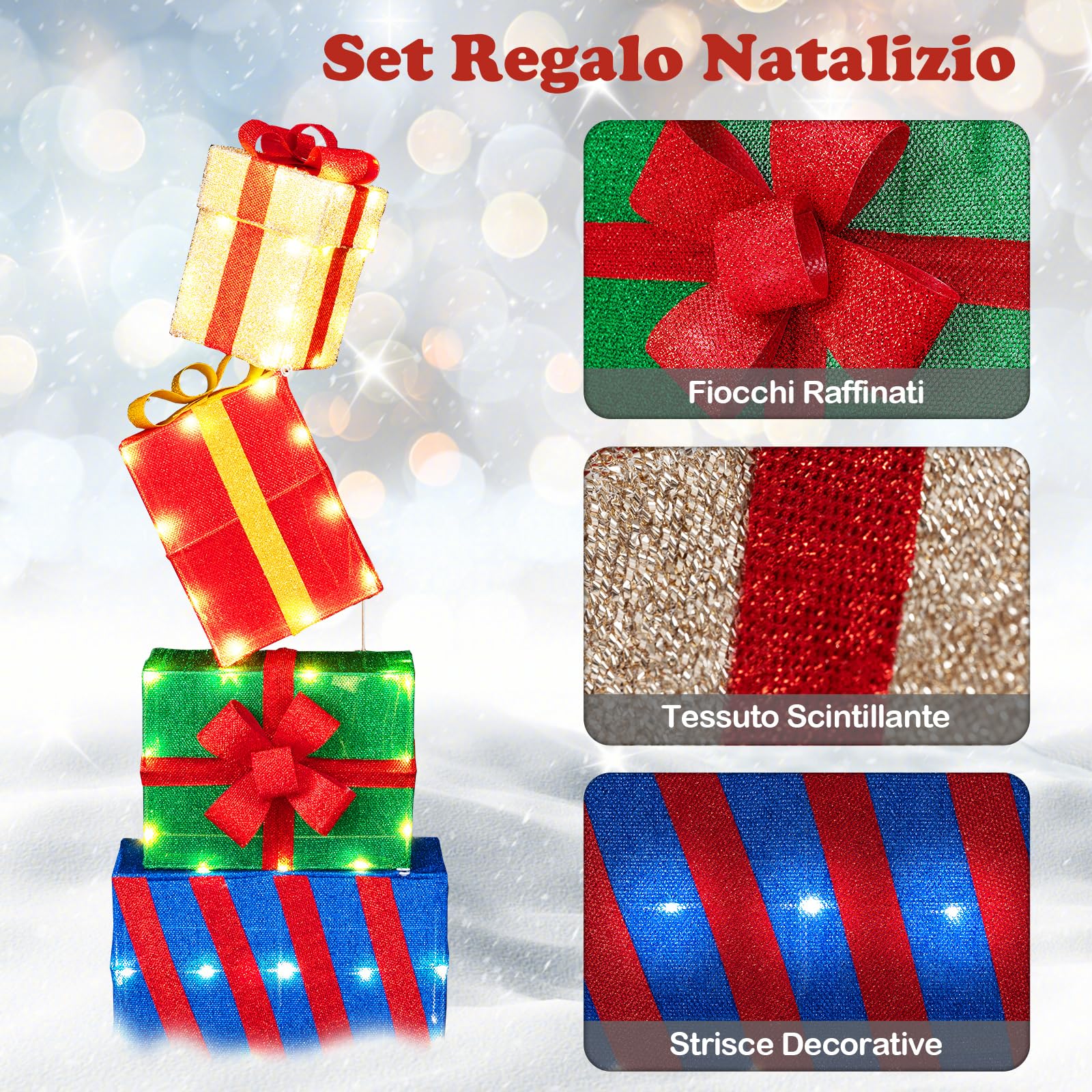COSTWAY Set di 4 Scatole Regalo Natalizie Illuminati, Scatole Regalo Luminose con Fiocchi Colorati, 52 Luci LED Bianco Caldo, Decorazione Festiva per Casa e Giardino