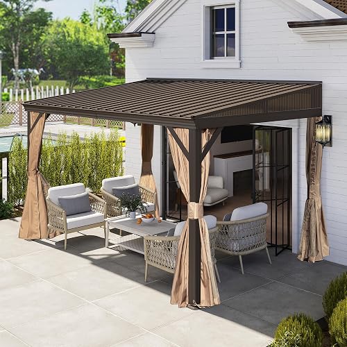 Domi 8x12FT Lean to Gazebo, Outdoor Hardtop Wall Mounted Gazebo with Sloping Galvanized Steel Roof, Aluminum Frame Mounted Pavilion with Netting and Curtain Included for Deck, Porch, Backyard