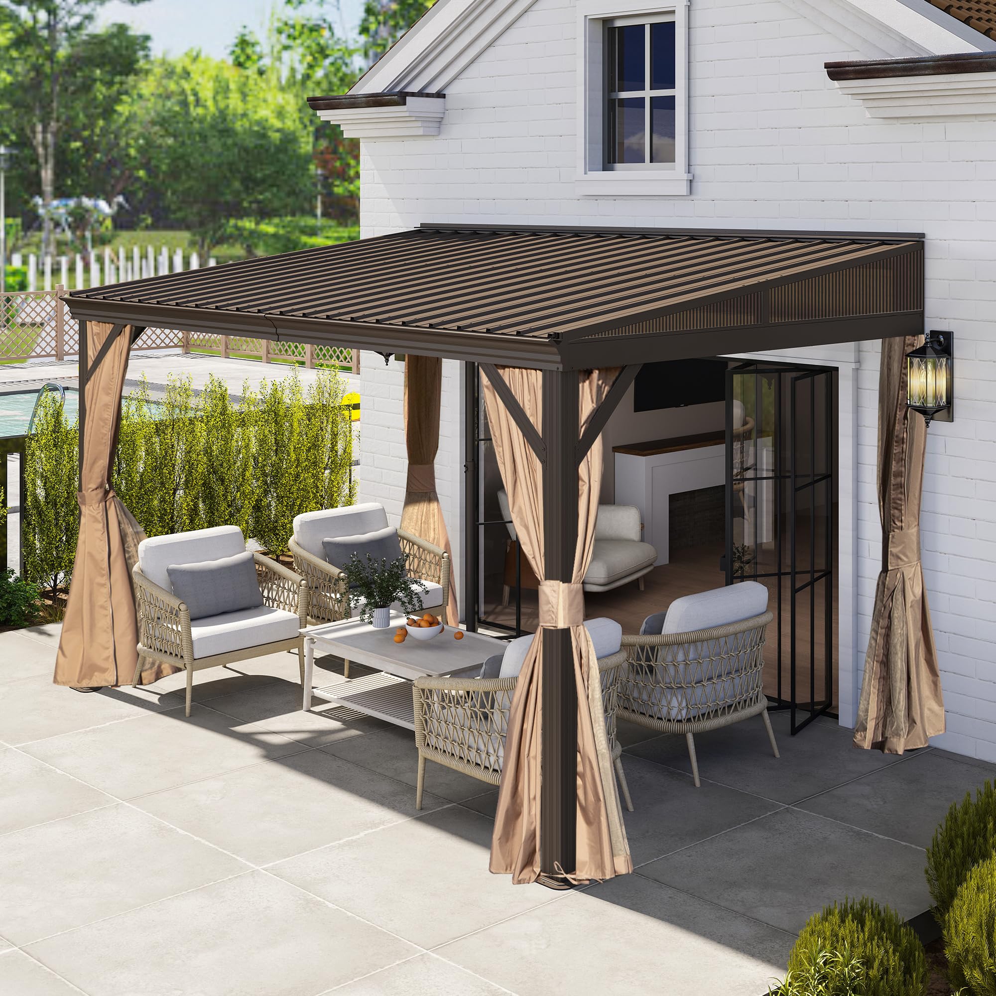 Domi 8x12FT Wall-Mounted Hardtop Gazebo installed on a patio next to a house and pool.