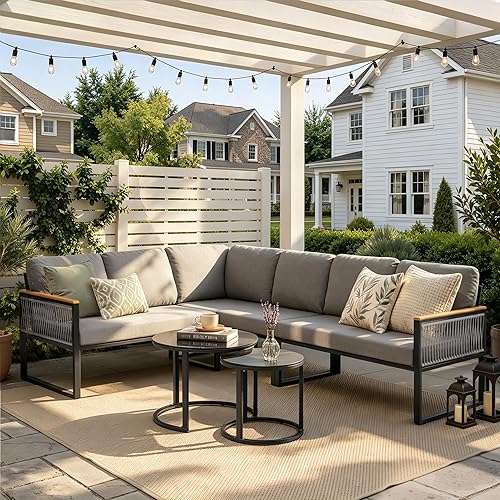 7-Piece L-Shaped Patio Conversation Sets, Hand-Woven Wicker Outdoor Sectional Sofa with Glass Nesting Coffee Table, Weather-Resistant Frame, Removable Cushion for Deck, Porch, Backyard (Gary)