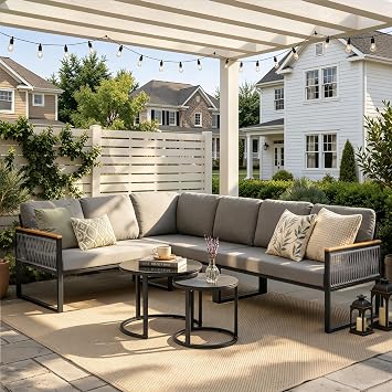 7 Piece L-Shaped Outdoor Sectional Wicker Sofa with Nesting Coffee Table | Reversible L-Shaped Design Outdoor Sectional Sofa, Glass Nesting Coffee Table,Hand-Woven Rope, Weather-Resistant Furniture