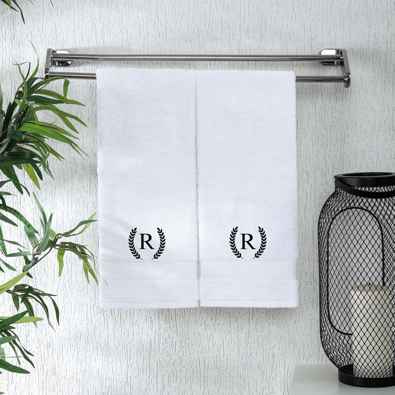 Monogrammed Hand Towels for Bathroom Makeup, Personalized Turkish Cotton Towel with Embroidery, Gift for Weddings, Housewarming, Anniversaries, and Bridal Showers, Set of 2 (Black, Initial R)