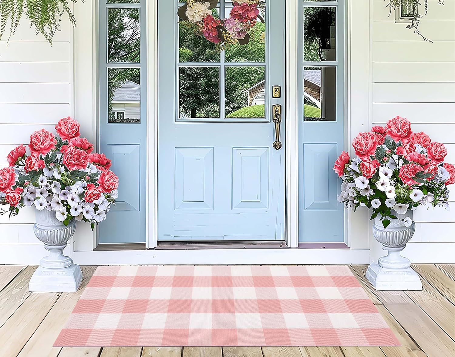 Pink and White Outdoor Rug 2'X4.3' Buffalo Plaid Checked Front Porch Rug Cotton Woven Washable Rug Layering Doormat for Welcome Door Mat Entryway Dining Room Bedroom Living Room