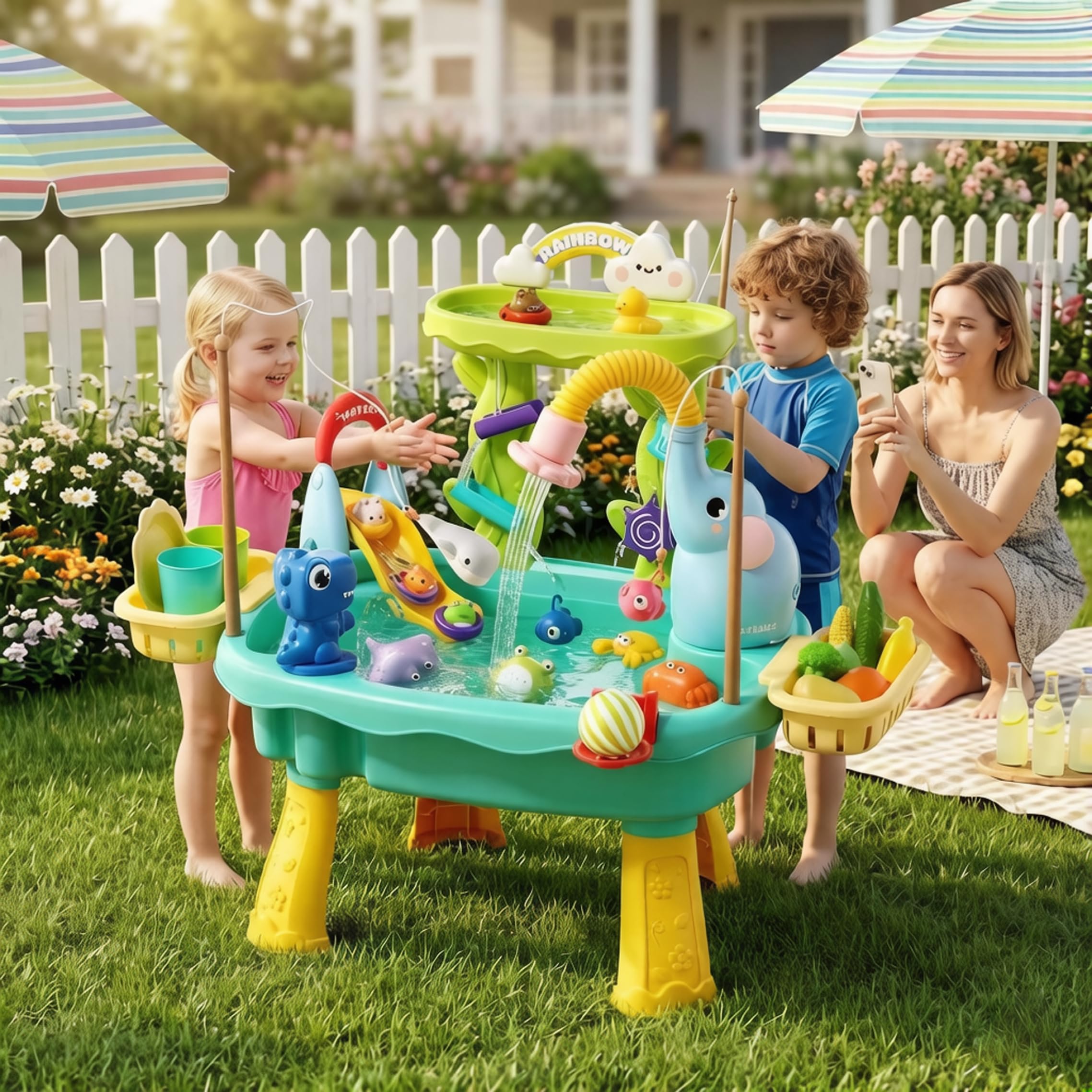 Lavandino da Gioco per Bambini 1-3 Tavolo con Acqua per Bambini 1-3 Lavandino da Gioco con Acqua Corrente Giocattolo Elettrico a ricircolo con spruzzo di attività di Pesca e Scivolo