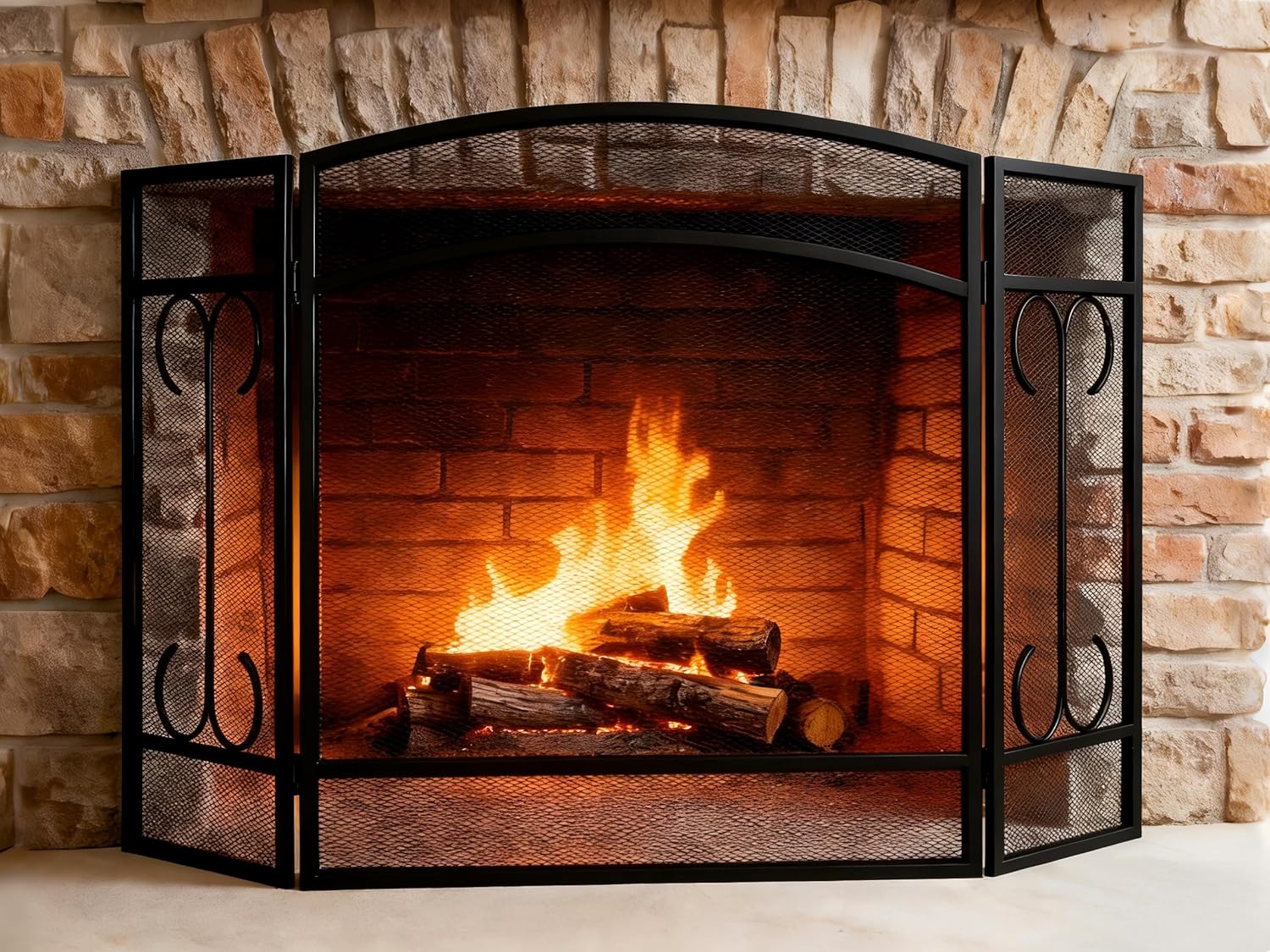 Gtongoko 3 Panel Fireplace Screen 48" W x 29" H Modern Wrought Iron Decorative Large Fire Spark Guard Grate Heavy Duty for Living Room Home Outdoor Decor - Black