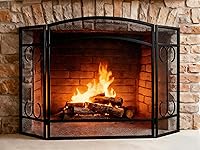 Gtongoko 3-Panel Wrought Iron Fireplace Screen 48x29 Inch Black Spark Guard - Heavy Duty Decorative Fire Grate for Home Outdoor