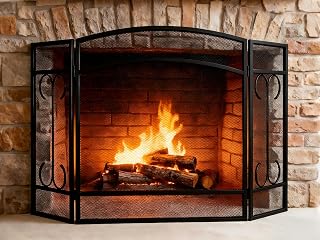 Gtongoko 3-Panel Wrought Iron Fireplace Screen 48x29 Inch Black Spark Guard - Heavy Duty Decorative Fire Grate for Home Outdoor