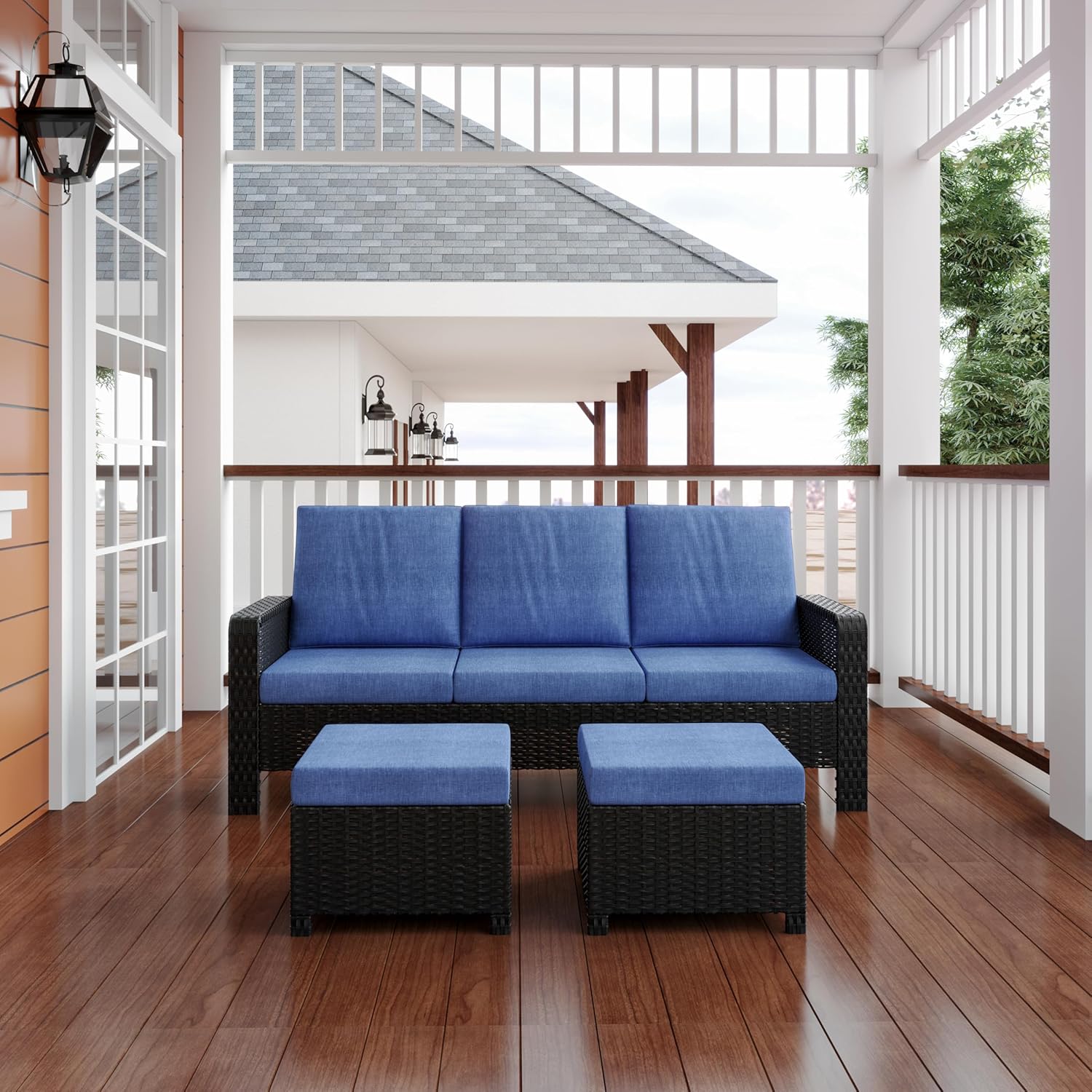 KEIKI 3-Piece Wicker Patio Conversation Sofa Set with 2 Ottomans, All-Weather PE Rattan Outdoor Furniture with High Back Cushions for Backyard Garden Deck, 300LBS Capacity, Dark Coffee Blue