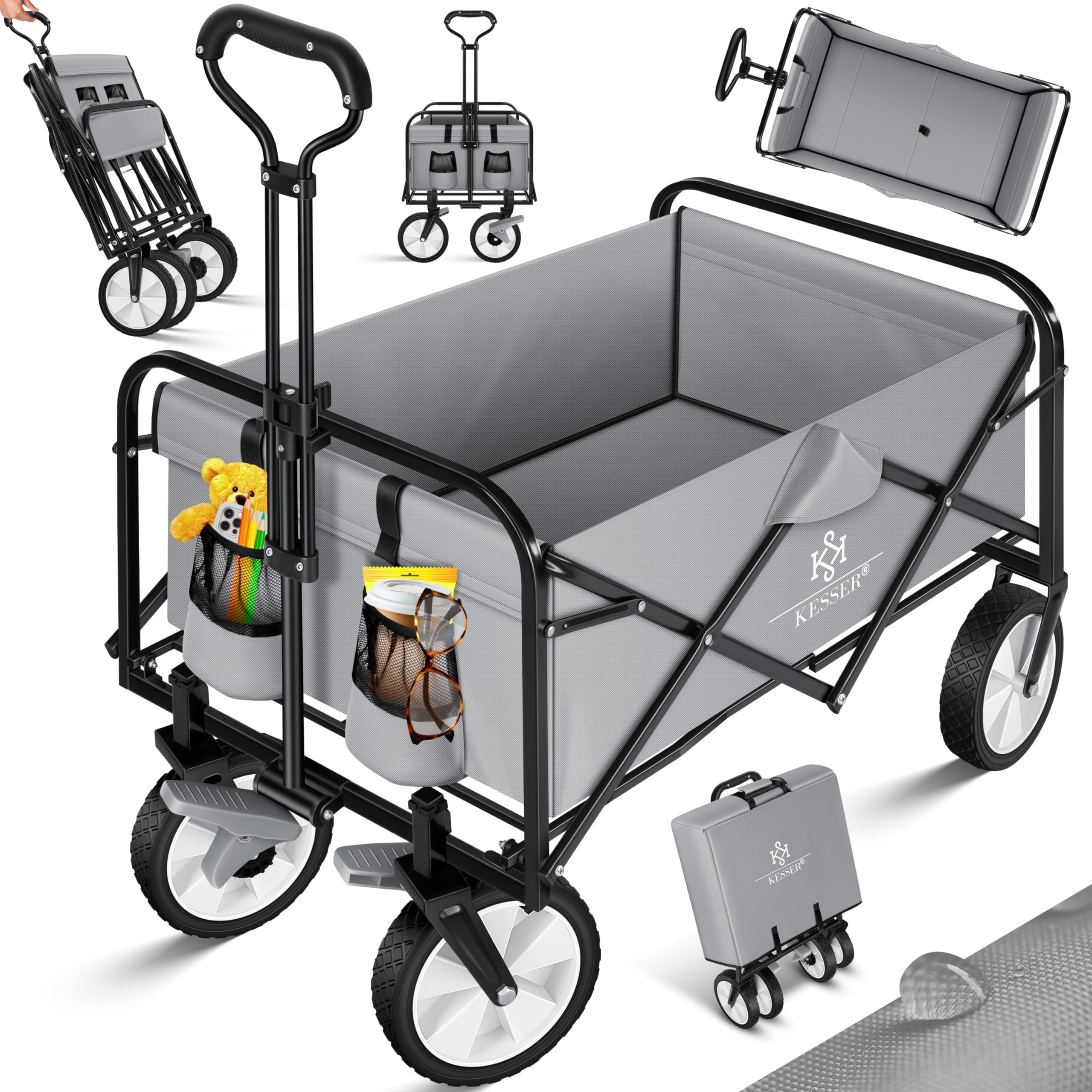 KESSER® Carro Plegable de Mano, de Equipamiento, Incluye 2 Bolsillos de Malla, neumáticos de Goma Maciza, Capacidad de Carga de hasta 80 kg