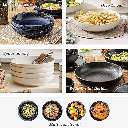 Miniatura 4 de S&Q'S CERAMICS Juego de 4 cuencos grandes para pasta, 65 onzas, platos de cerámica poco profundos de 10 pulgadas de ancho, cuencos grandes para