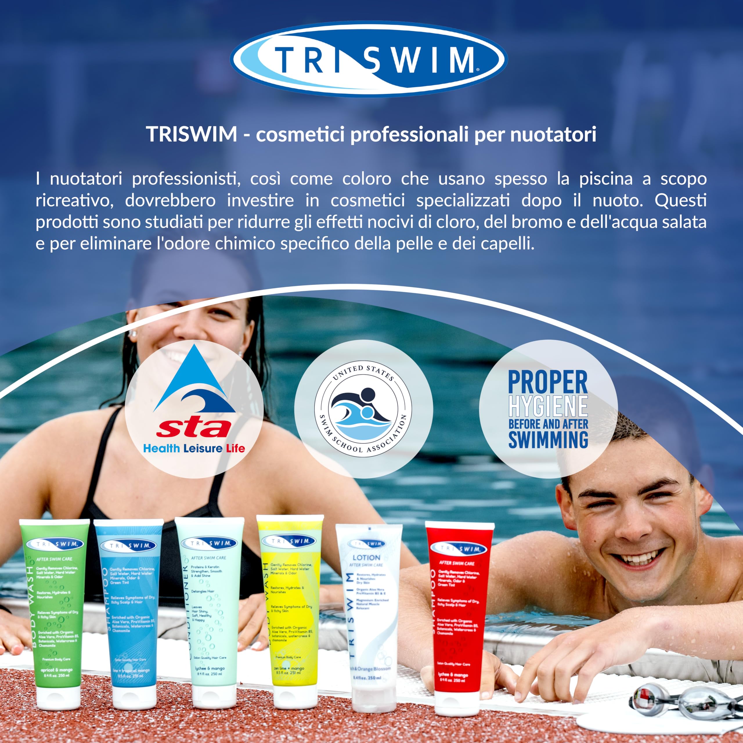 TRISWIM - Pacchetto per la Cura dei Capelli per la Rimozione del Cloro, Shampoo Idratante Per la Rimozione Cloro, Balsamo Capelli Per Nuotatori, Trattamento Anti Cloro per Nuotatori (251+251ml)