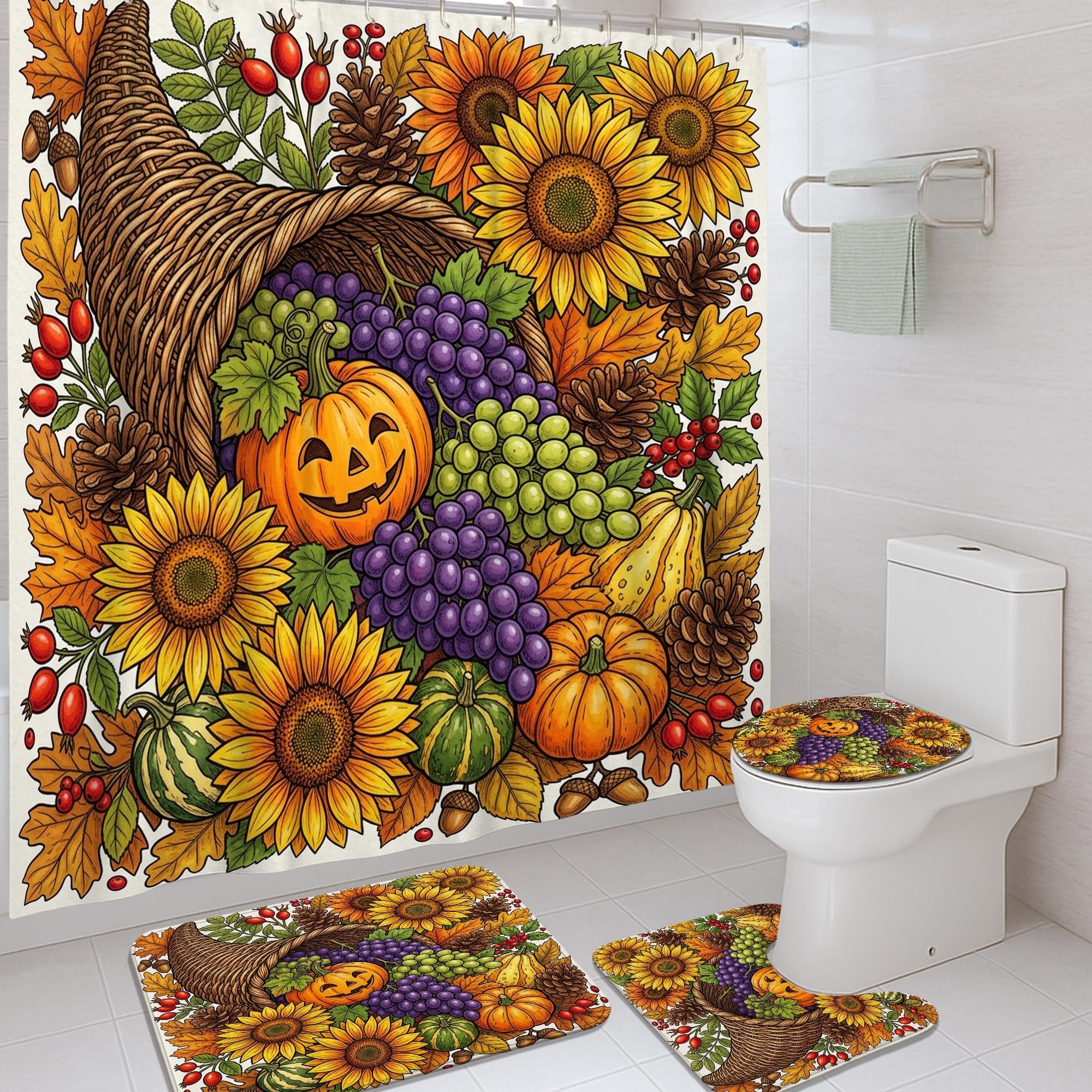 Ensemble de rideaux de douche Cornucopia en tissu imperméable haut de gamme avec tapis