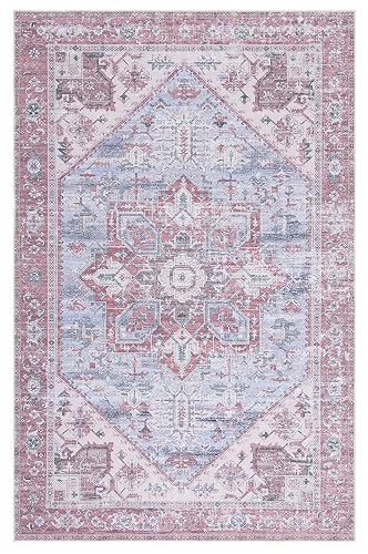SAFAVIEH Washable Rug Tucson Collection - 2'6' x 4', Grey Blue & Rust, Slip Resistant & Easy to Clean, Ideal for Living 