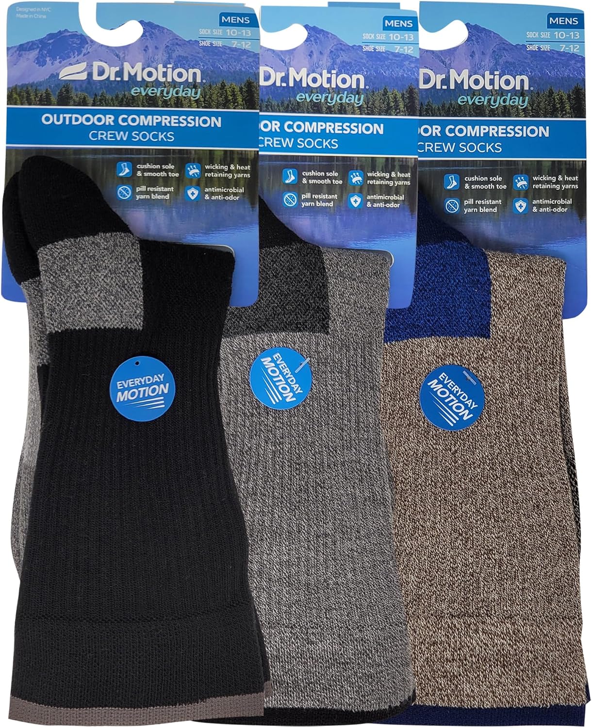 Dr. Motion Compression Crew Socks For Men Outdoor Hiking Walking With Enhanced Cushion And Breathable Arch Support 3 Pairs