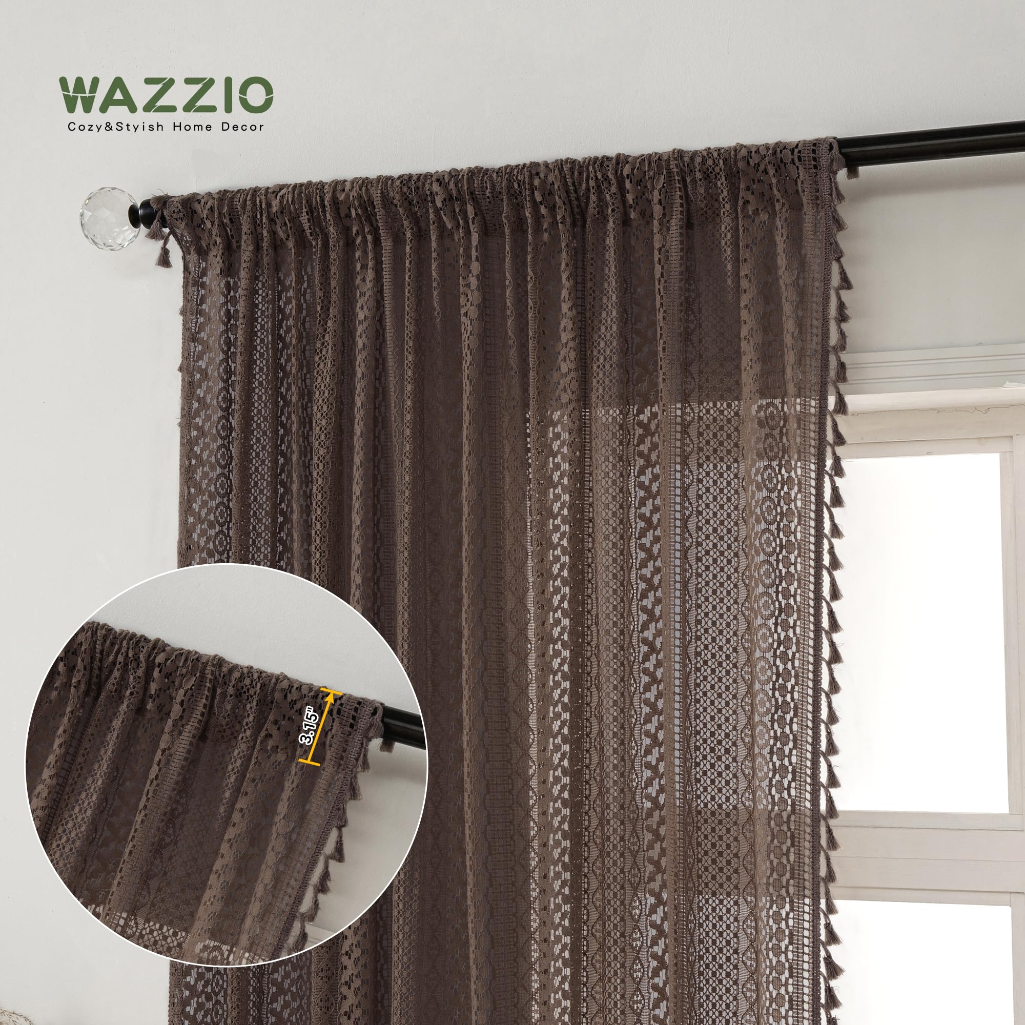 WAZZIO Cotton Sheer Brown Curtains 84 Inch Length 2 Panels Rod Pocket Tassel Boho Crochet Lace Light Blue Bedroom Living Room See Through Privacy for Boys Room - Image 4