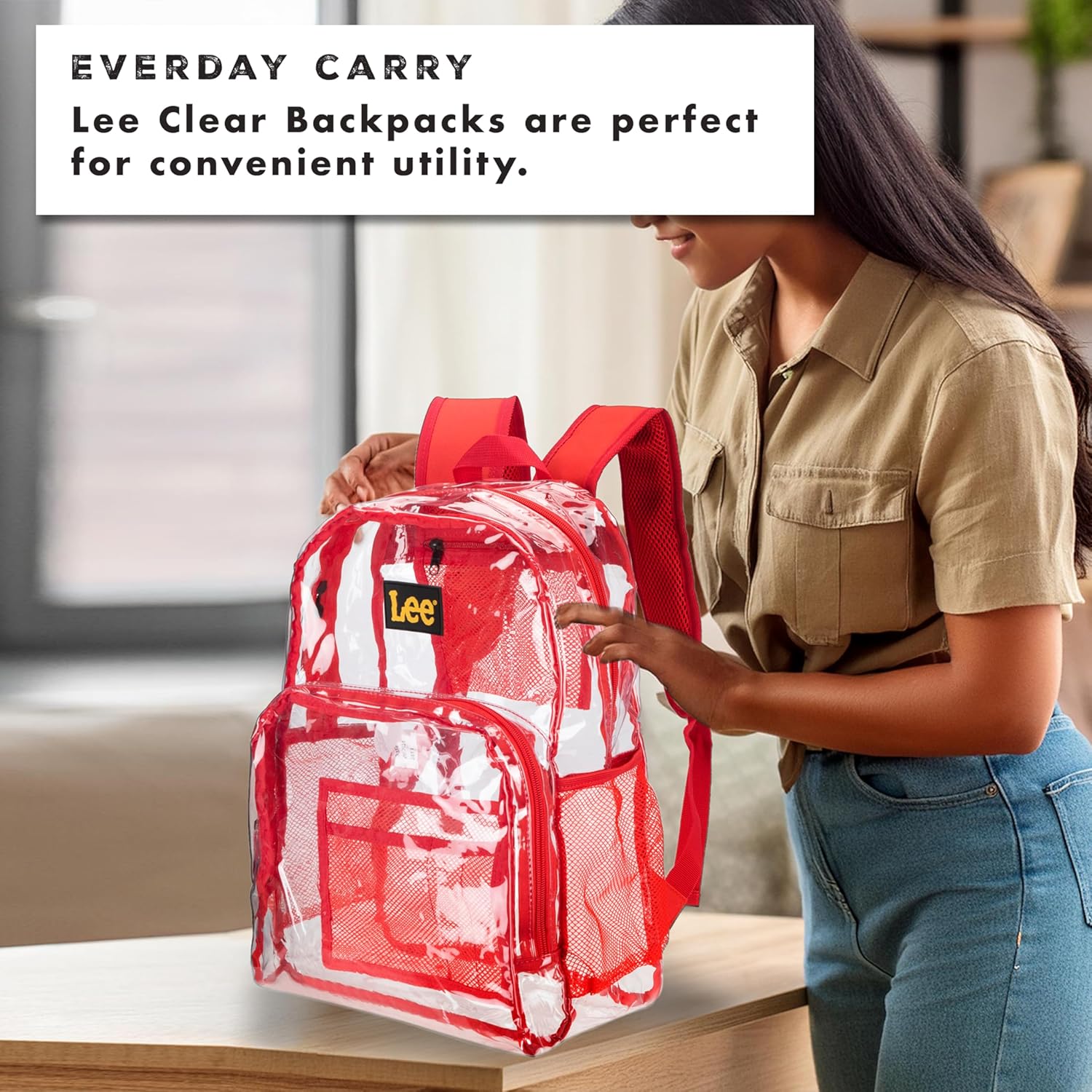Lee Clear Water Resistant Backpack for Girls - Durable Plastic See Thru Bag for Casual Use, Stadiums, Concerts, Schools (Clear Red) - Image 3