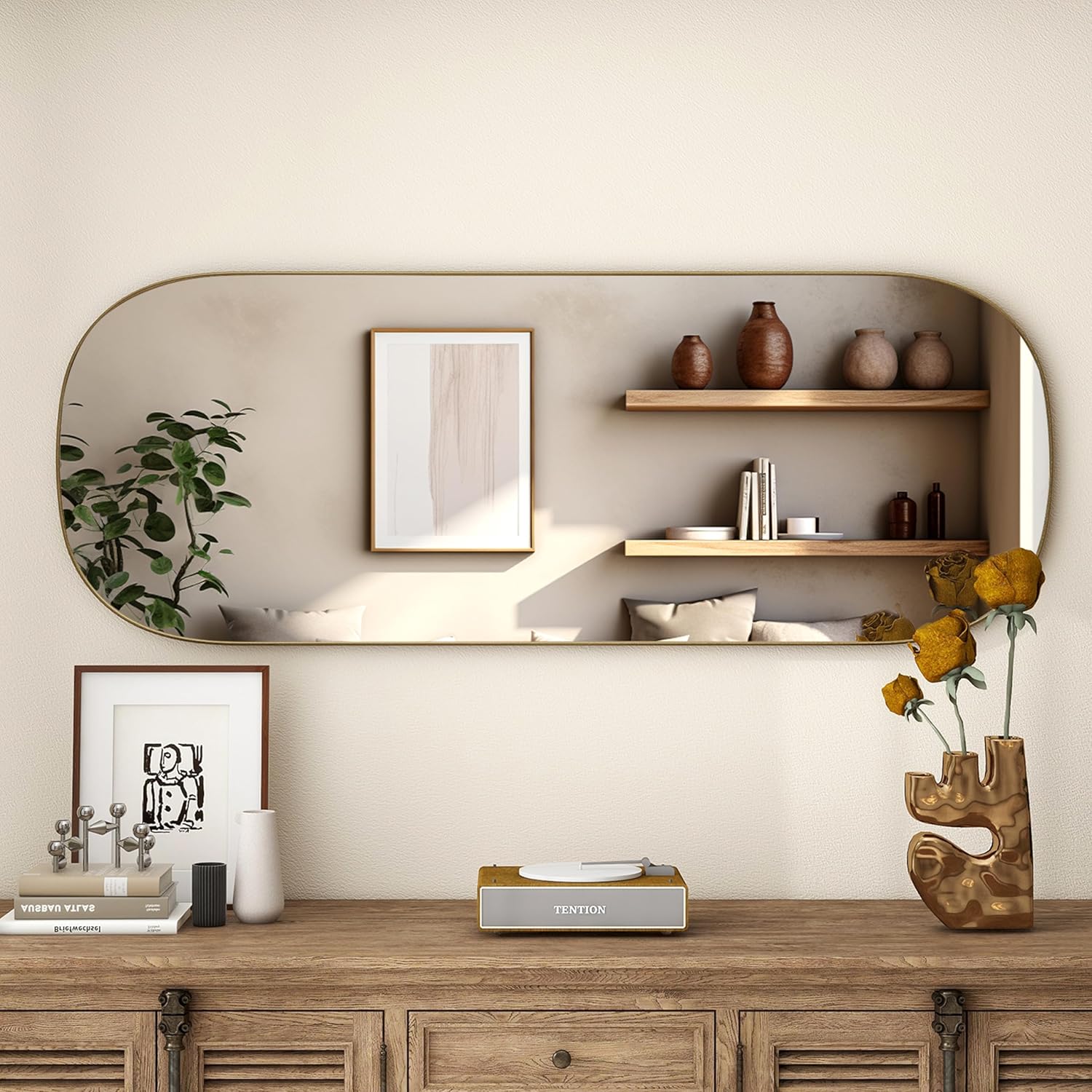Wall Mirror Decorative Metal Gold Wall-Mounted Mirrors, 47"x18" Oval Tall Mirror for Wall, Full Length Mirrors, Large Bathroom Vanity Mirror Iron Brushed Gold Frame
