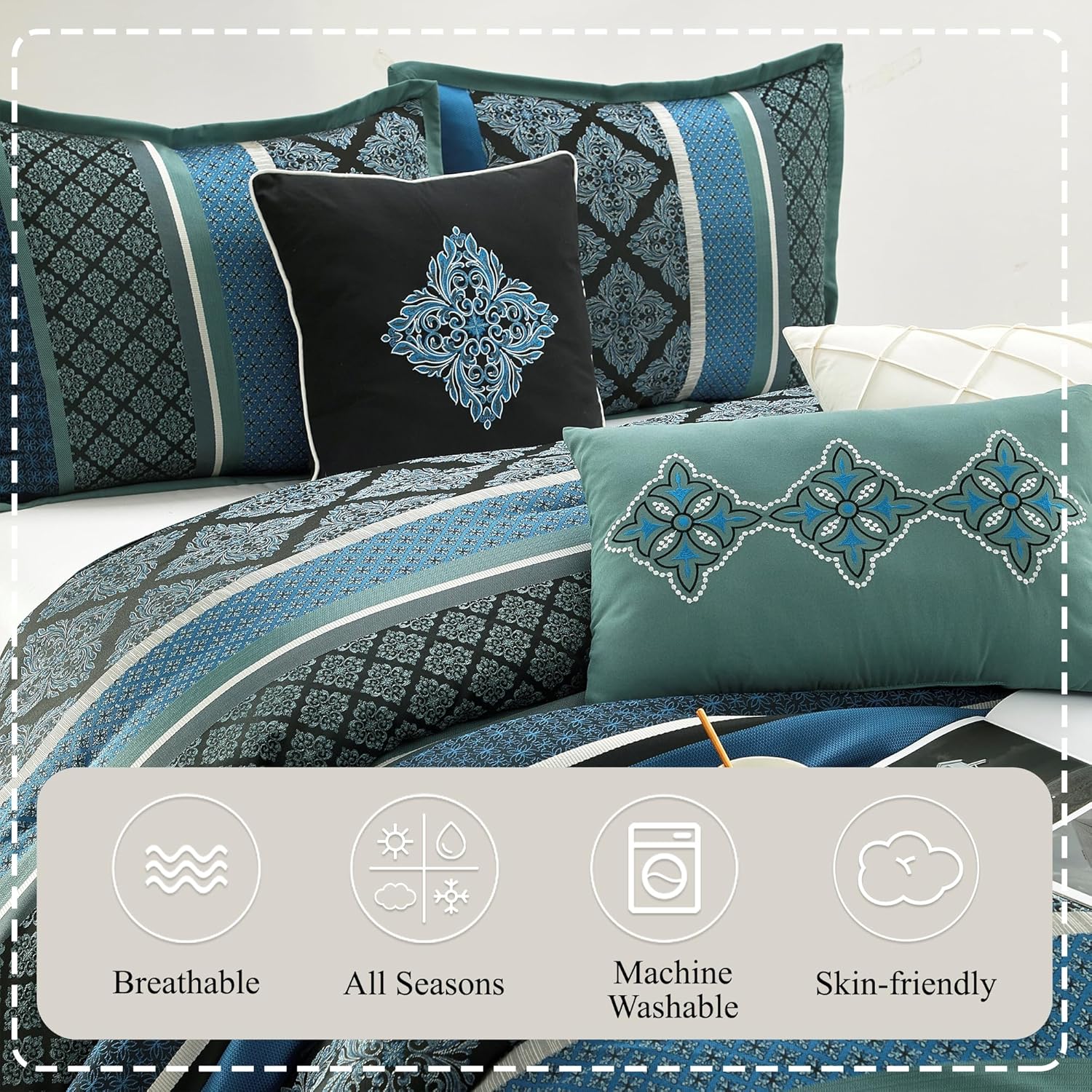 Stratford Park Blue Geometric California King Comforter Set, 7 Piece, Jacquard All Season Premium Bedding Set, Matching Shams, Bedskirt, Decorative Pillows