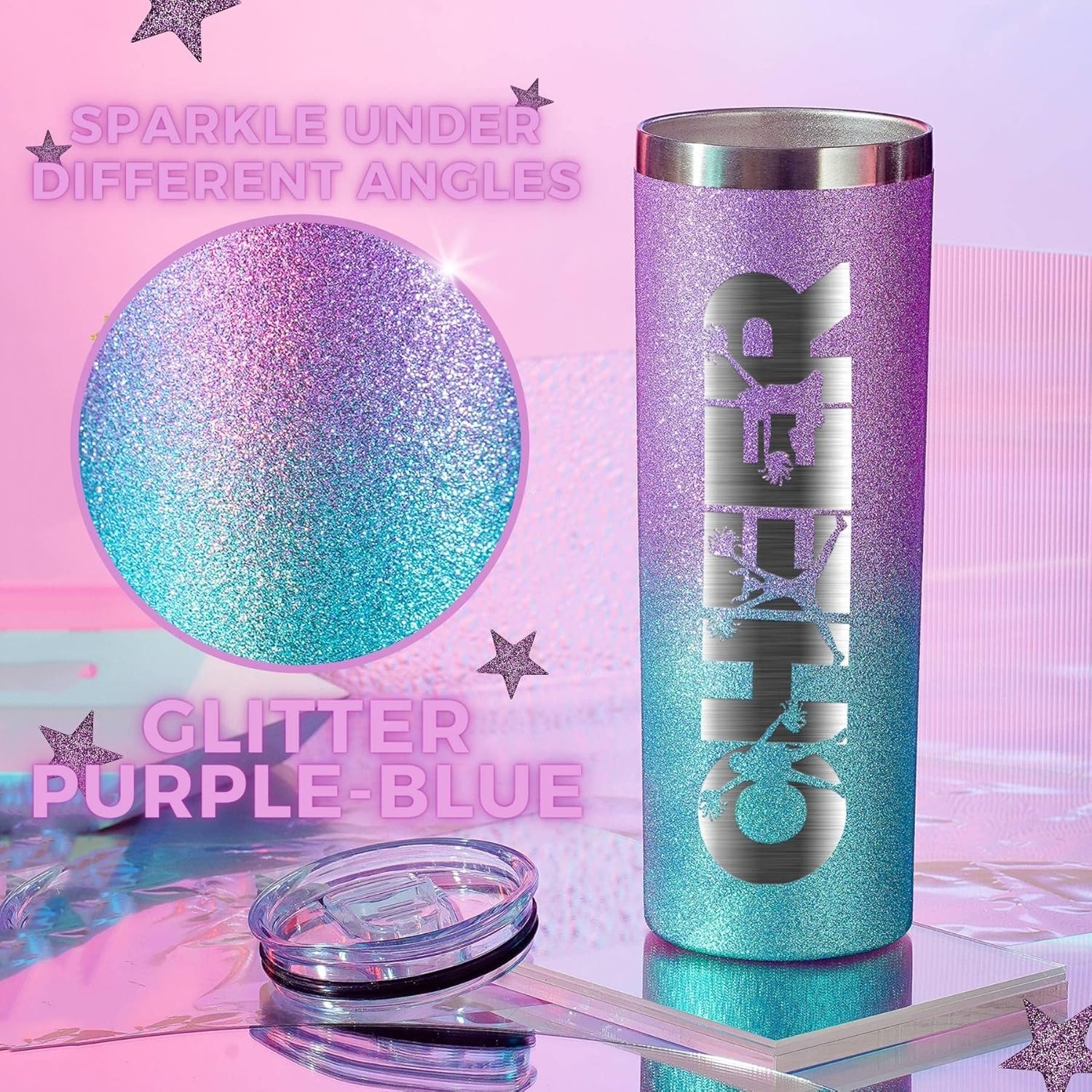 Onebttl Cheerleader Glitter Tumbler Gifts For Girls - Cheer - 20oz/590ml Stainless Steel Insulated Tumbler with Straw, Lid - Gift for Cheerleading, Coach or Cheer Squad - (Purple-Blue Gradient) - Image 4