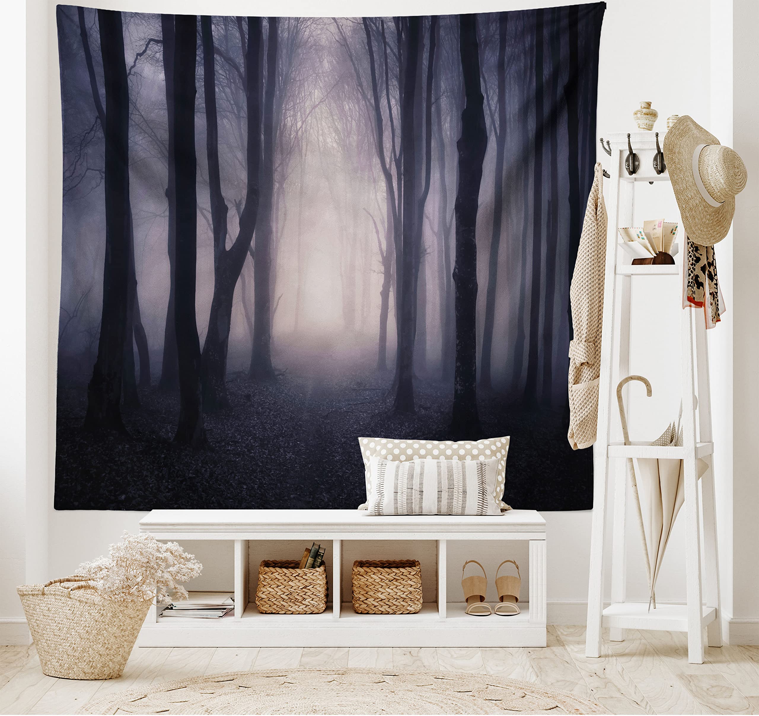 Ambesonne Forest Tapestry, Path in Dark Deep in Forest with Fog Halloween Creepy Twisted Branches Picture, Wide Wall Hanging for Bedroom Living Room Dorm, 60
