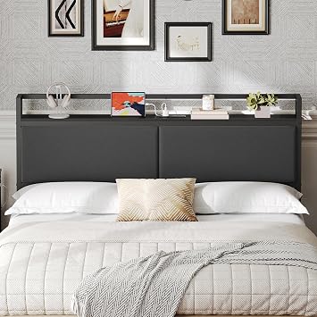 YATINEY Queen Size Headboard Only with Storage Shelves, Upholstered Headboard with Charging Station, Height Adjustable, Sturdy and Stable, Vintage Style, Black