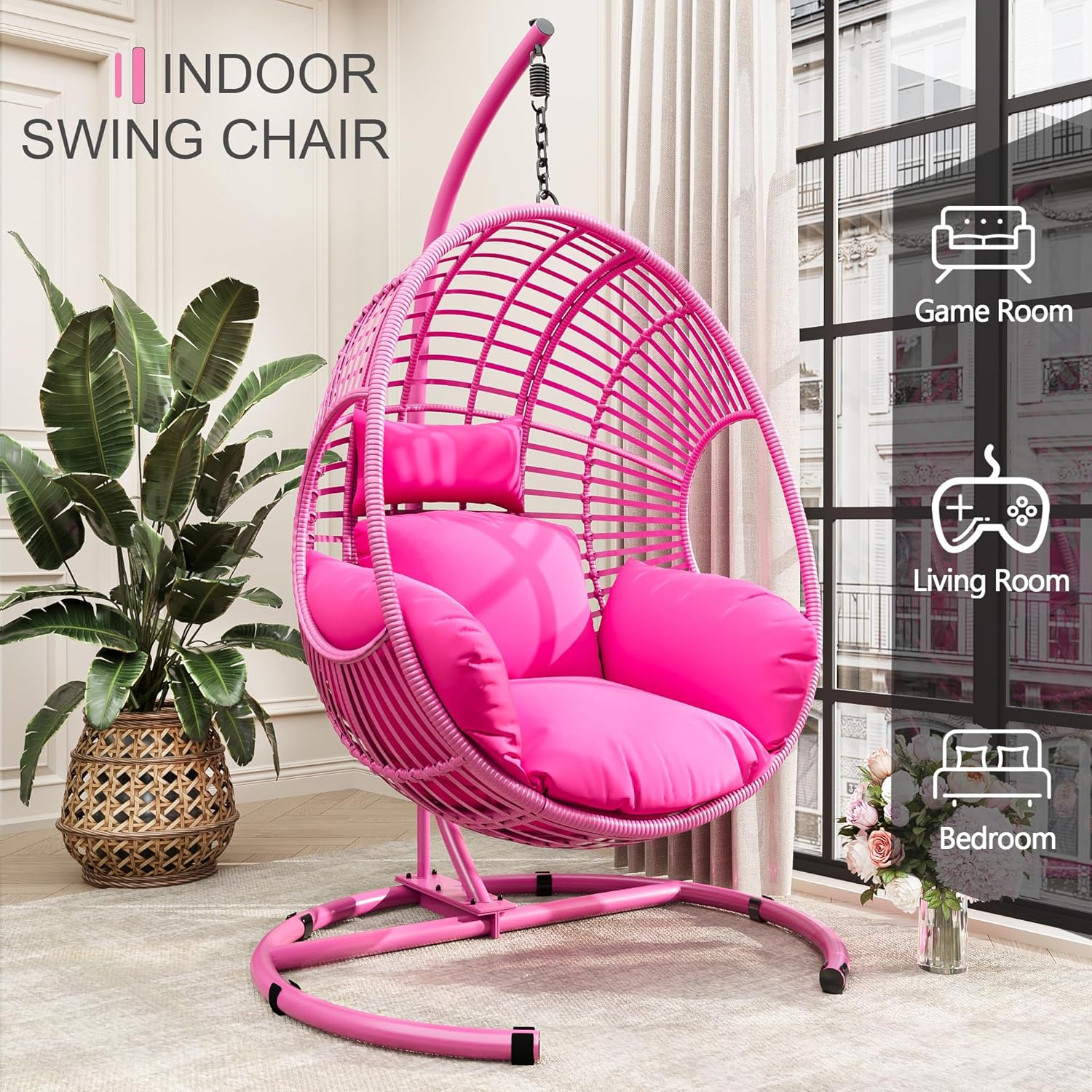 Oversized Hanging Egg Chair Outdoor Indoor, Wicker Swing Egg Chair with Stand 400lbs Capacity for Bedroom, Patio, Garden and Balcony (Pink-Regular, Oversize)