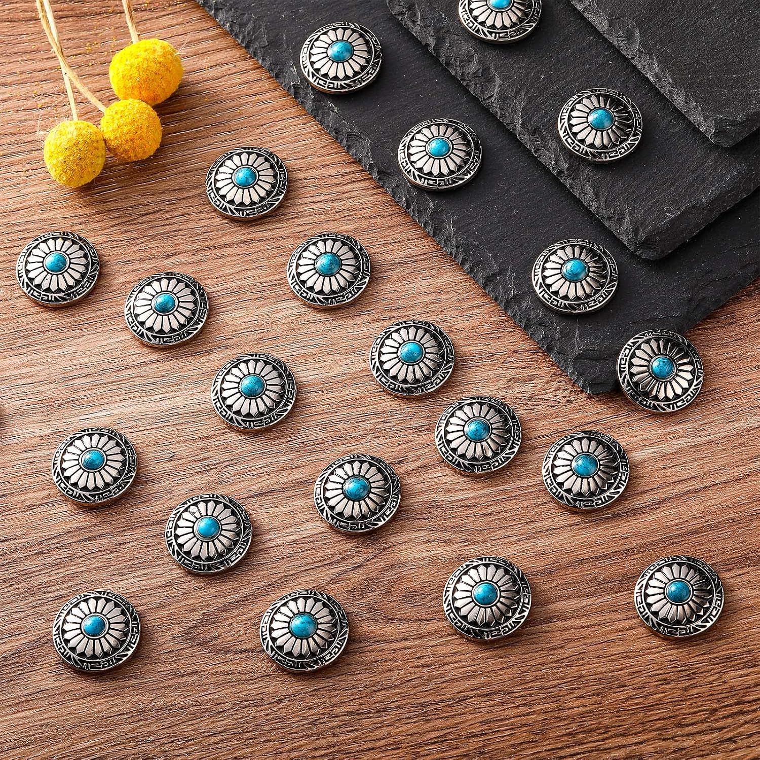 Janinka 24 Pcs Silver Blue Faux Turquoise Round Conchos Sunflower Decorative for Leather Craft Buckle Small Metal Rustic Sunflower Western Buttons Screw Back Buttons Replacement for DIY Leather Belt