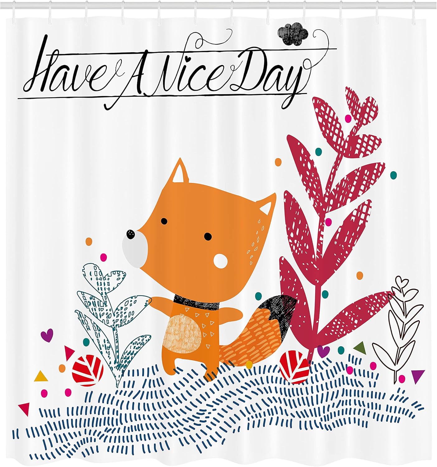 Ambesonne Fox Shower Curtain, Little Fox Character Colorful Geometric Spring Field Have a Nice Day Text Dots, Cloth Fabric Bathroom Decor Set with Hooks, 69" W x 70" L, Orange Raspberry