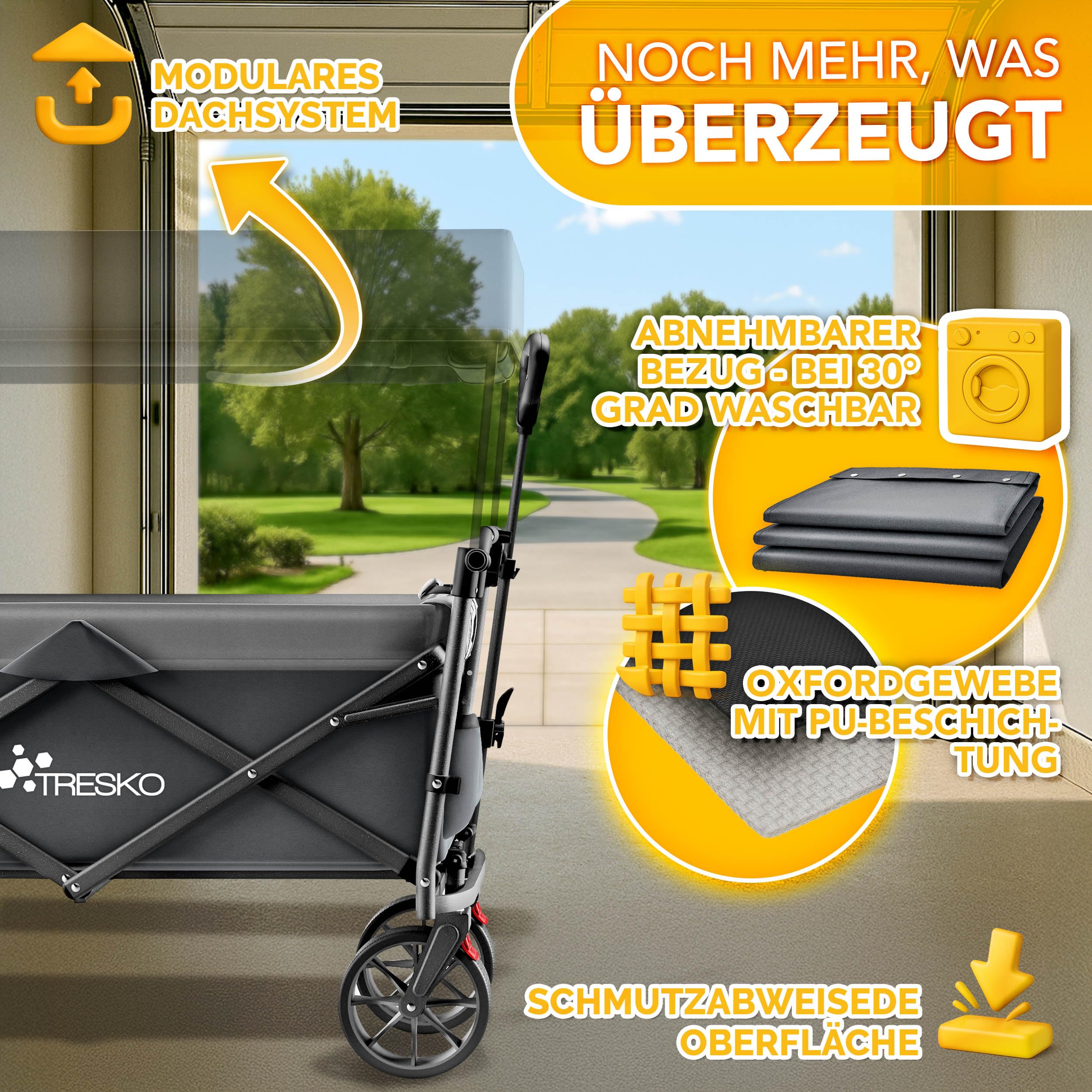 TRESKO® Bollerwagen Faltbar mit Dach, Kühlfach & Seitenrollos | Handwagen max. belastbar bis 150kg | Transportwagen mit Vollgummireifen & Feststellbremsen (Vorne & Hinten) und 3-Punkt-Gurt (Anthrazit)