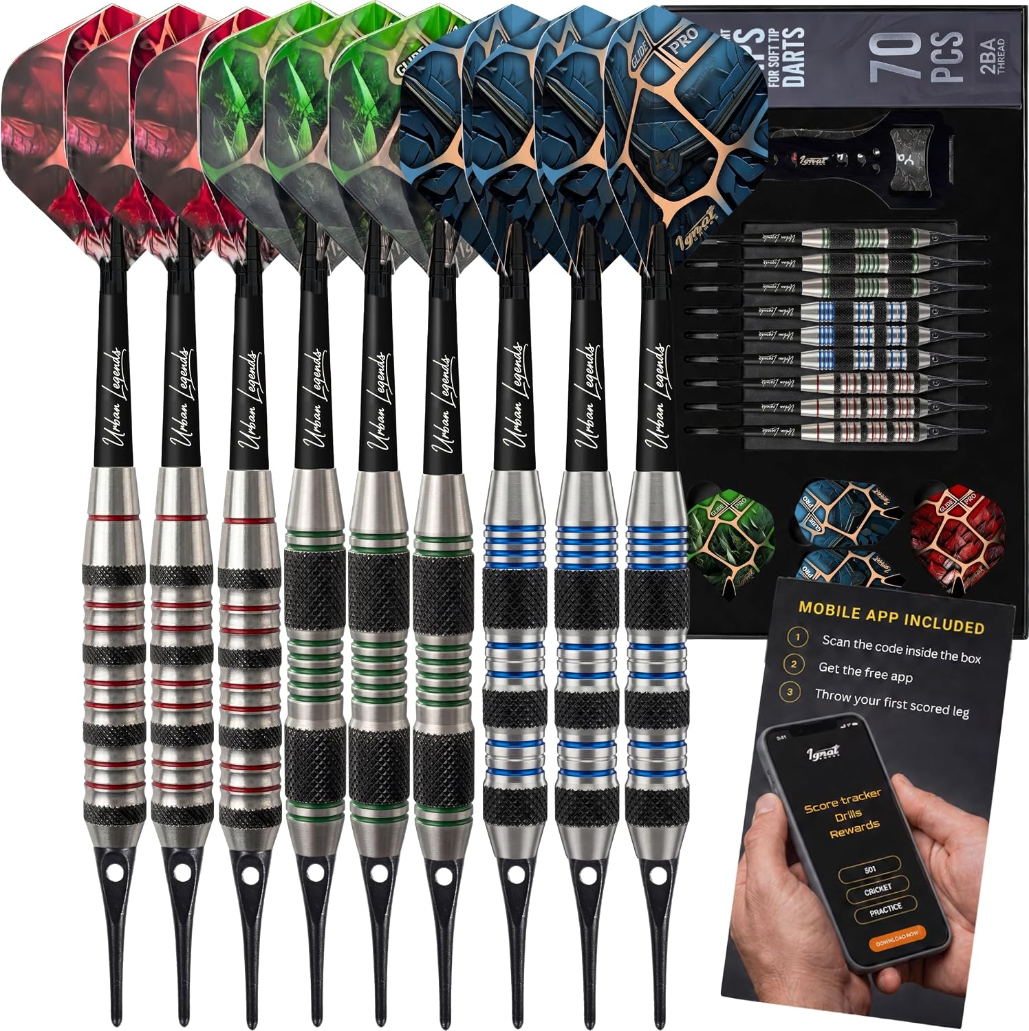 Soft Tip Darts, 9 Pack for Electronic Dartboards, Urban Legends | 16-18g stainless steel, multi-zone grips, 24 GlideXPro flights, 70 spare 2BA tips, magnetic case, Companion App