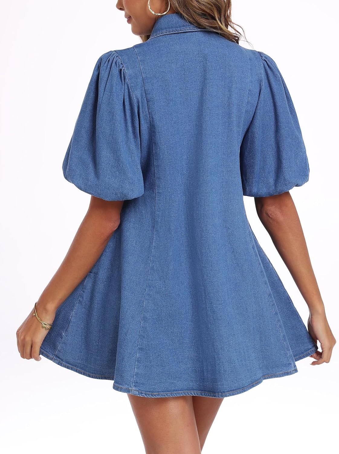Denim Dress for Women Puff Sleeve Babydoll Jean Dress Mini Denim Romper with Pockets - Image 2