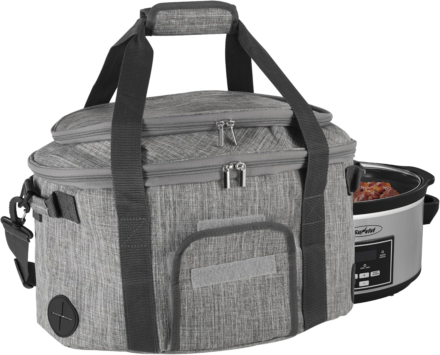 2 Layer Slow Cooker Carrying Bag, Travel Bag Fits for 6-8 QT, Portable Carrier Case with See-thought Window, Pocket & Lid Fastener, for potluck parties, camping, church events, Grey