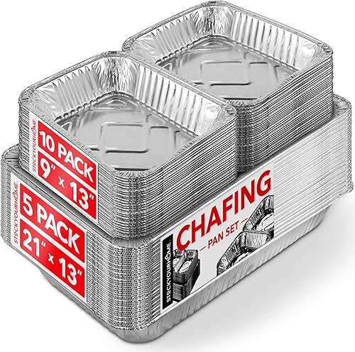 Juego de bufé con tapa desechable, 21 x 13 (paquete de 5) de 9 x 13 pulgadas y tapas (paquete de 10) bandejas de aluminio para servir, bandejas de