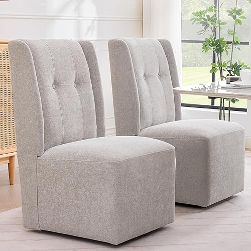 Miniatura 20 de Juego de 2 sillas de comedor con ruedas, moderna silla de comedor enrollada sin brazos tapizada con ruedas para cocina, sala de estar, piel PU