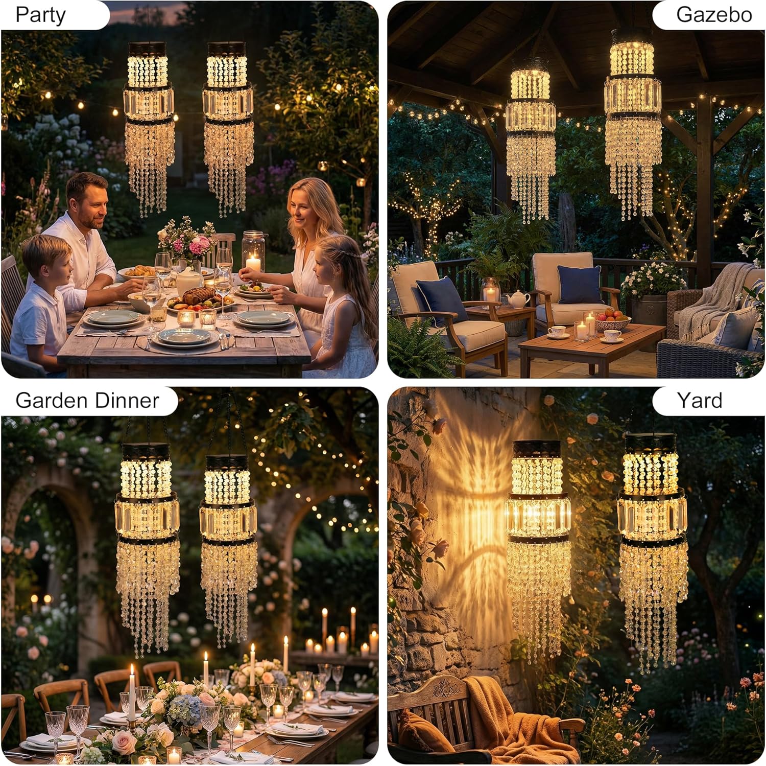 Hanging Solar Lantern Outdoor Chandelier, Waterproof Solar Pendant Light with Modern Crystal Acrylic Beads, Warm White LED S Hook Decorative Garden Lights for Gazebo, Patio, Yard, Party, Wedding Decor