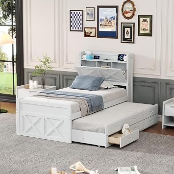 SABLIER Twin Size Wooden Bed Frame with Storage Headboard & Outlets, with Trundle Bed and Drawers, Bed Frame with Storage for Kids, Teens, Guest Room White Product A