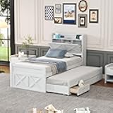 Ball & Cast Twin Size Wooden Platform Bed,Daybed with Built-in Outlets & Storage Headboard,Extendable Bedframe w/Trundle and 3 Drawers,Bedroom Furniture for Apartment,Guest Room,White