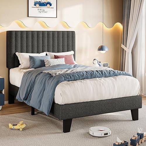 Miniatura 3 de Einhomn Base de cama tamaño individual con cabecero, base de cama tapizada de lino con listones de madera maciza, sin ruido, no necesita somier,