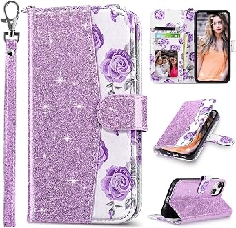 ULAK Compatible with iPhone 14 Wallet Case for Women, Purple Glitter | Premium PU Leather Flip Cover with Card Holder [RFID Blocking], Kickstand Feature Protective Purse Case